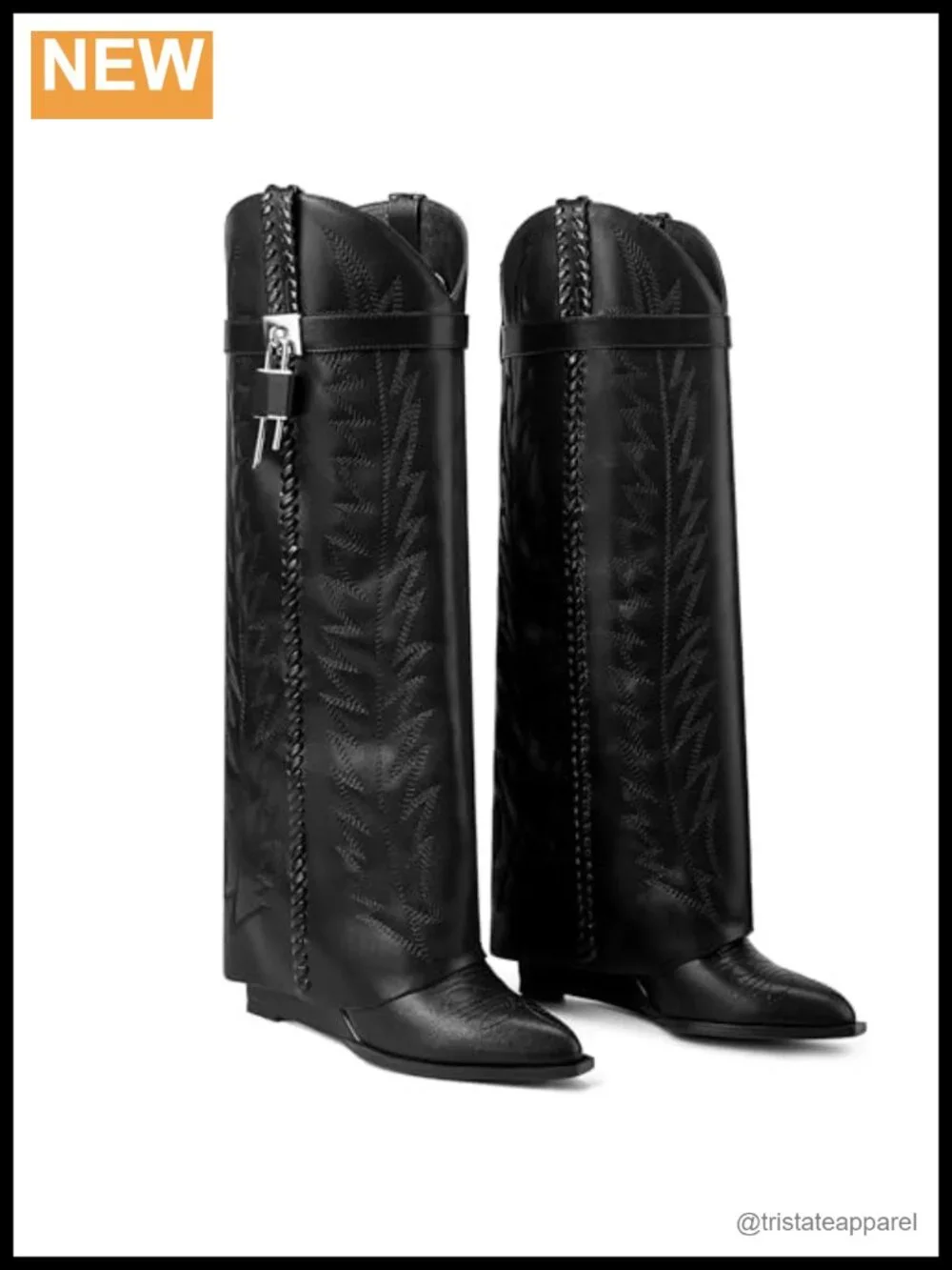 Embroidered Fold Over Knee High Boots, Pointed Toe Wedge Heels, Wide Calf, Pull
